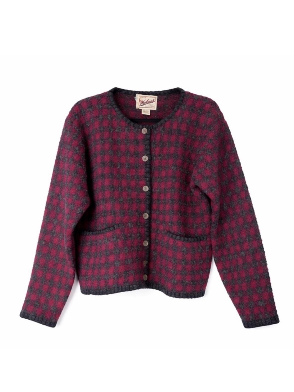 Woolrich Vintage 100% Wool Plaid Cardigan Red Charcoal Pockets M